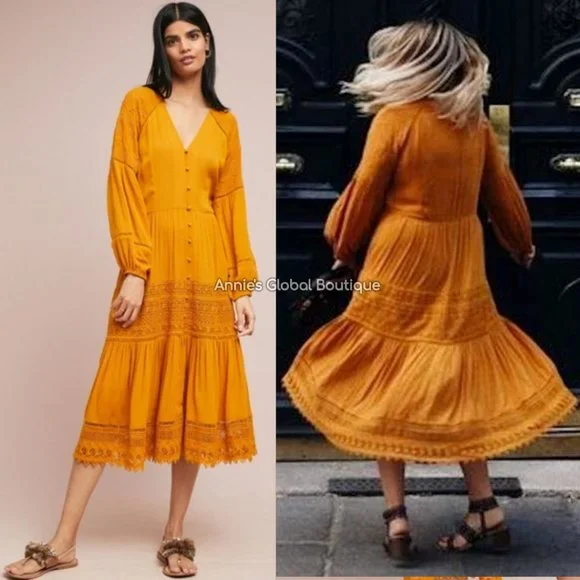 RARE NWT ANTHROPOLOGIE Golden Peasant Embroidered Maxi Dress. Size 4 - Picture 8 of 16